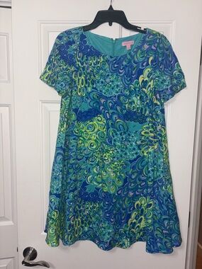 Lilly Pulitzer Blue Teal Green Abstract Print Short Sleeve Dress